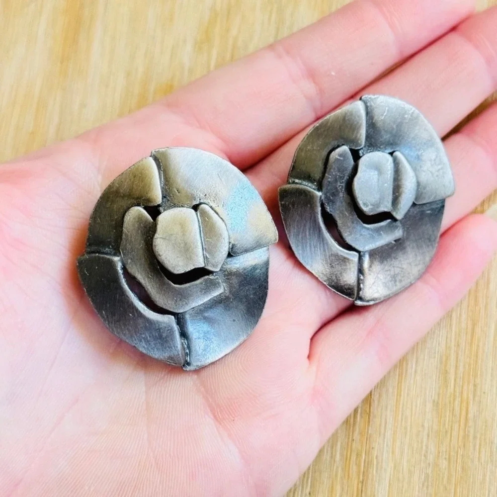 VTG Chunky Sculptural Earrings Silver Modernist Chunky Statement Round Clip 80s